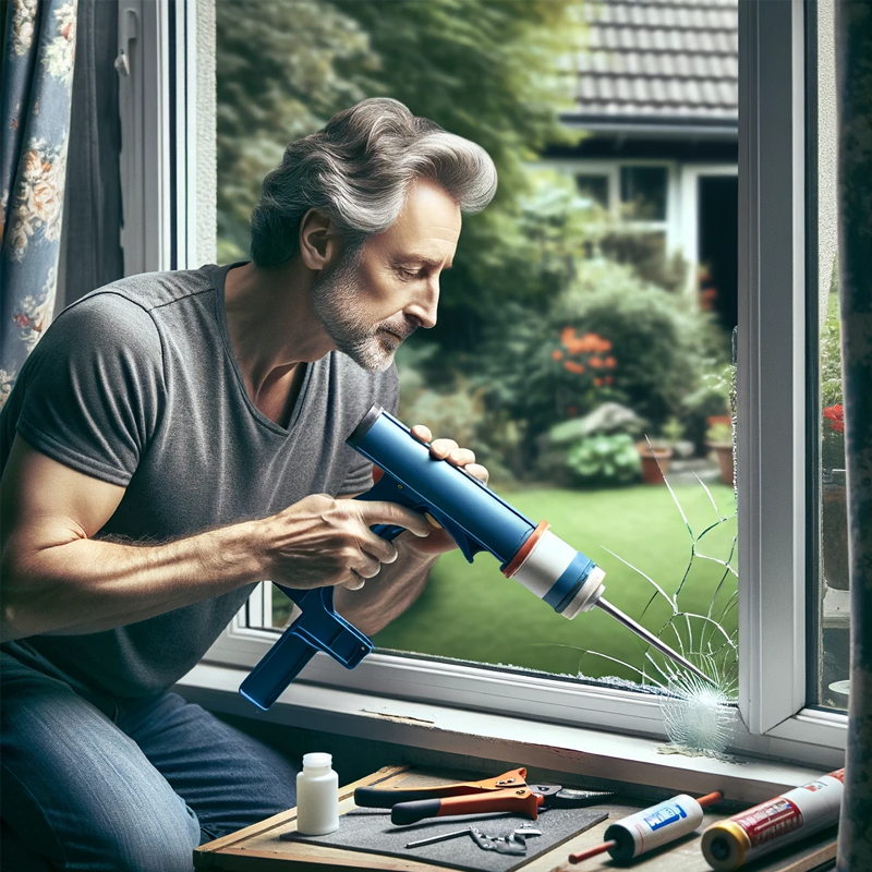 Homeowner repairing a broken window